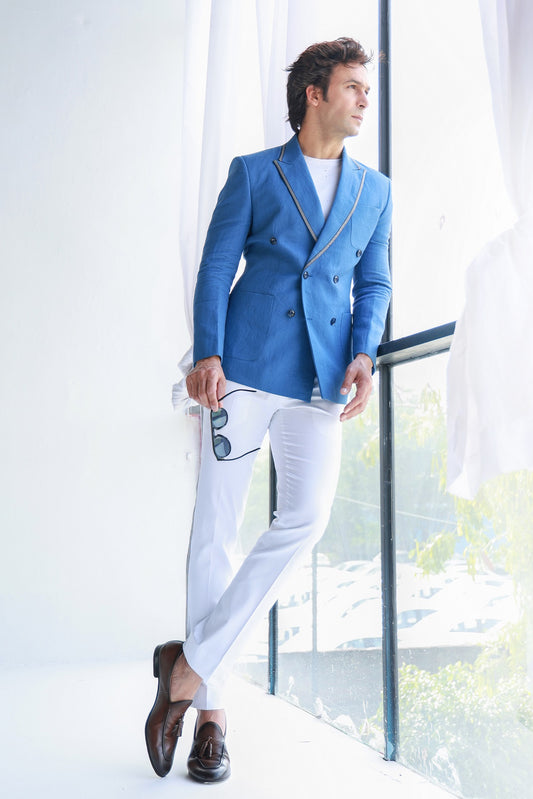 SAPPHIRE BLUE LINEN JACKET WITH PANTS