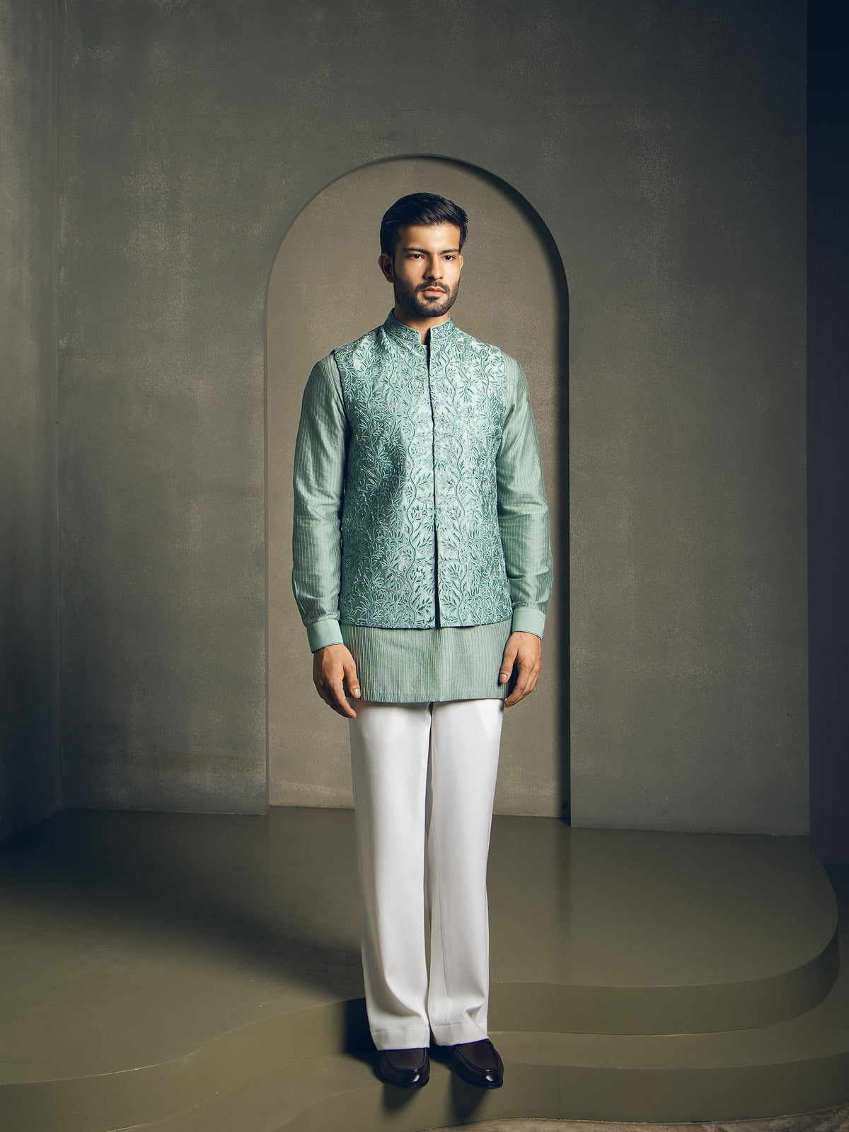 MINT GREEN HAND EMBROIDERY NEHRU JACKET SET