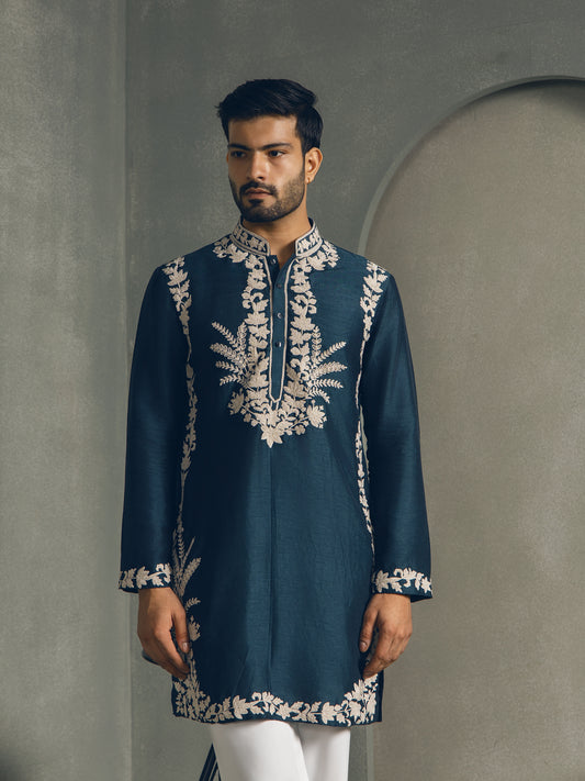 TEAL FLORAL SILK THREAD EMBROIDERY KURTA PANT SET