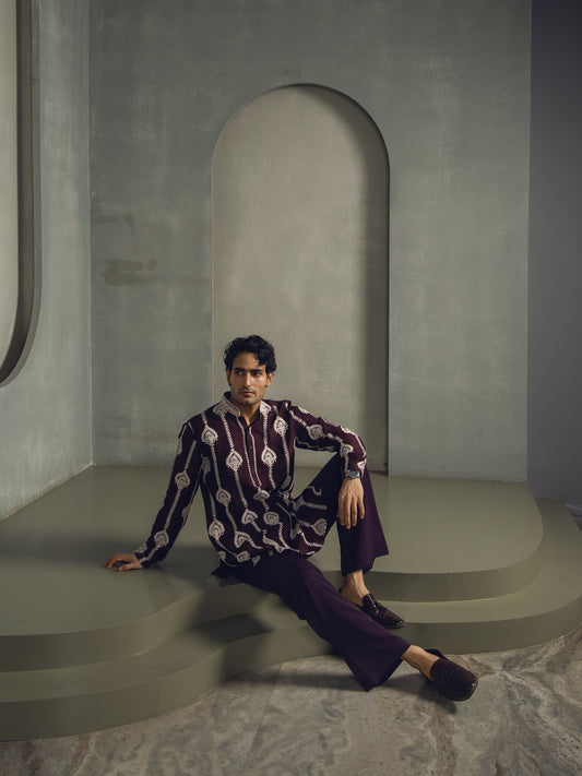 WINE DORI THREAD EMBROIDERY KURTA PANT SET