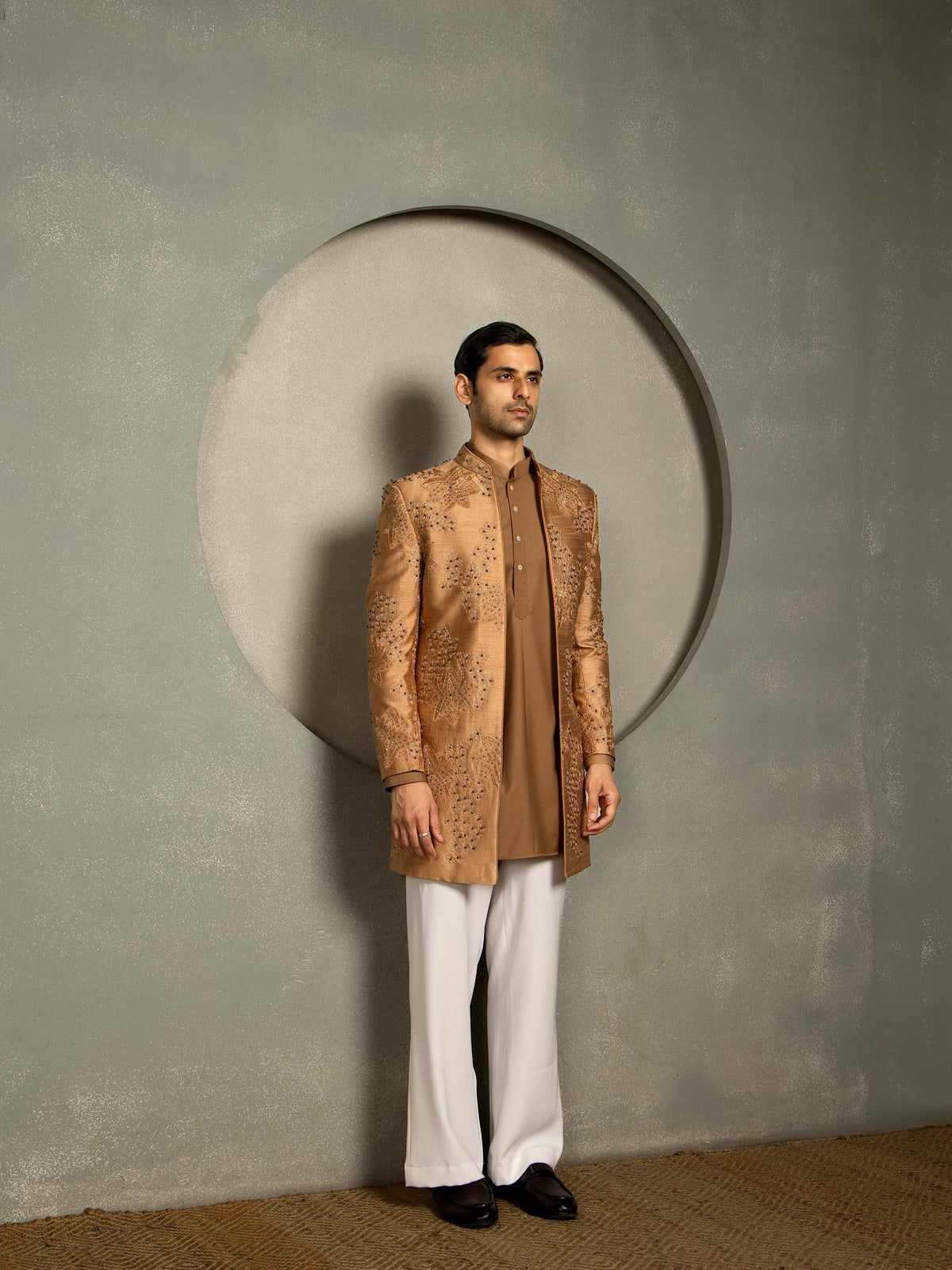 GOLDEN GLASS CUT WITH EMBROIDERY INDO WESTERN SET