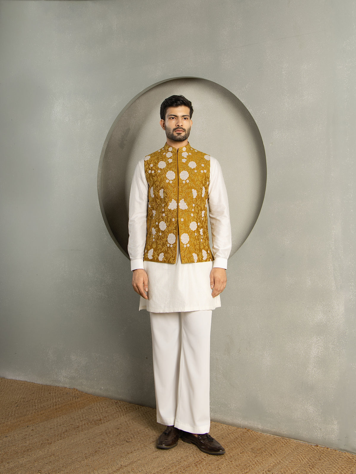 MUSTARD DORI HAND EMBROIDERY NEHRU JACKET SET