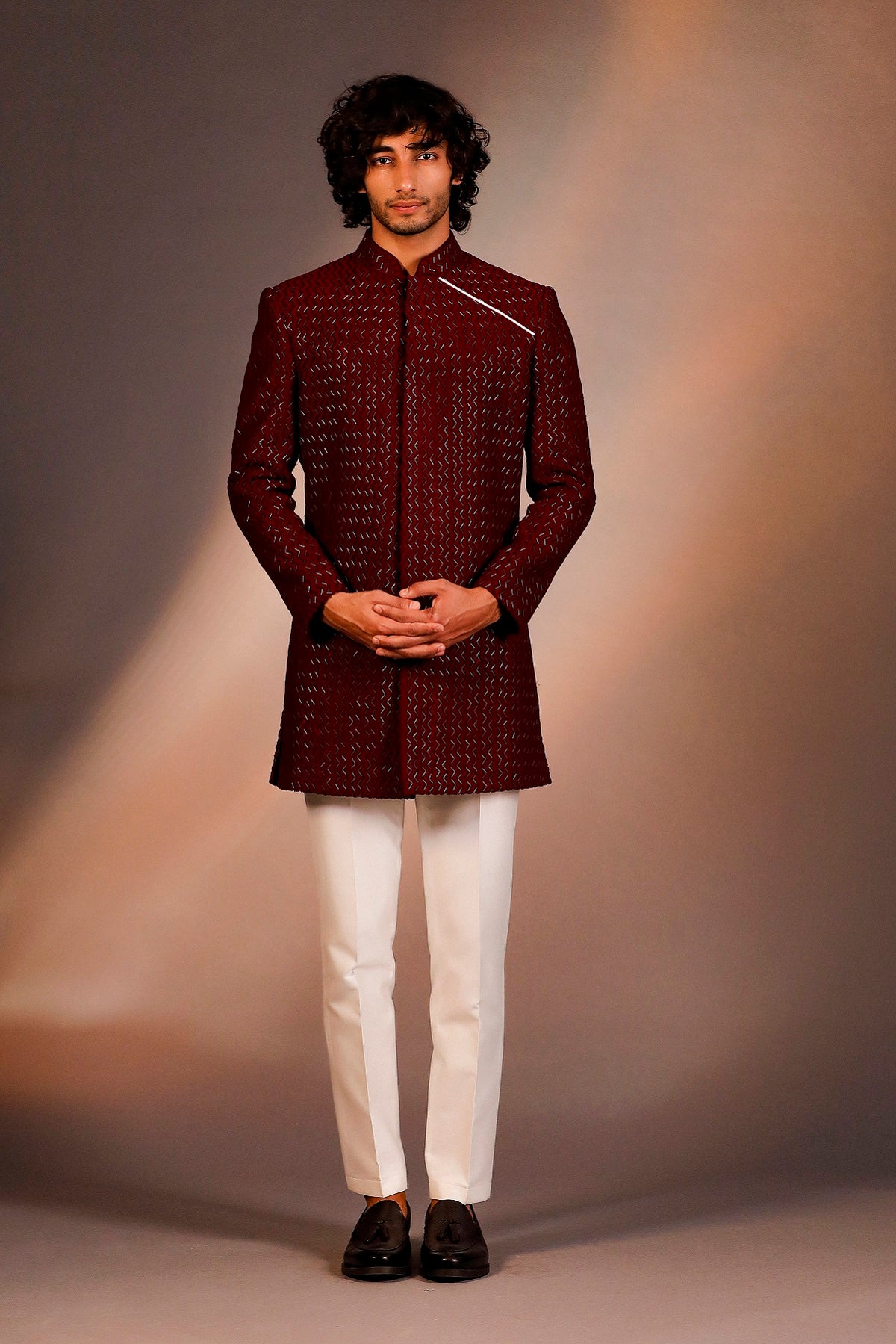 MAROON THREAD WITH GLASS CUT EMBROIDERY INDOWESTERN SET