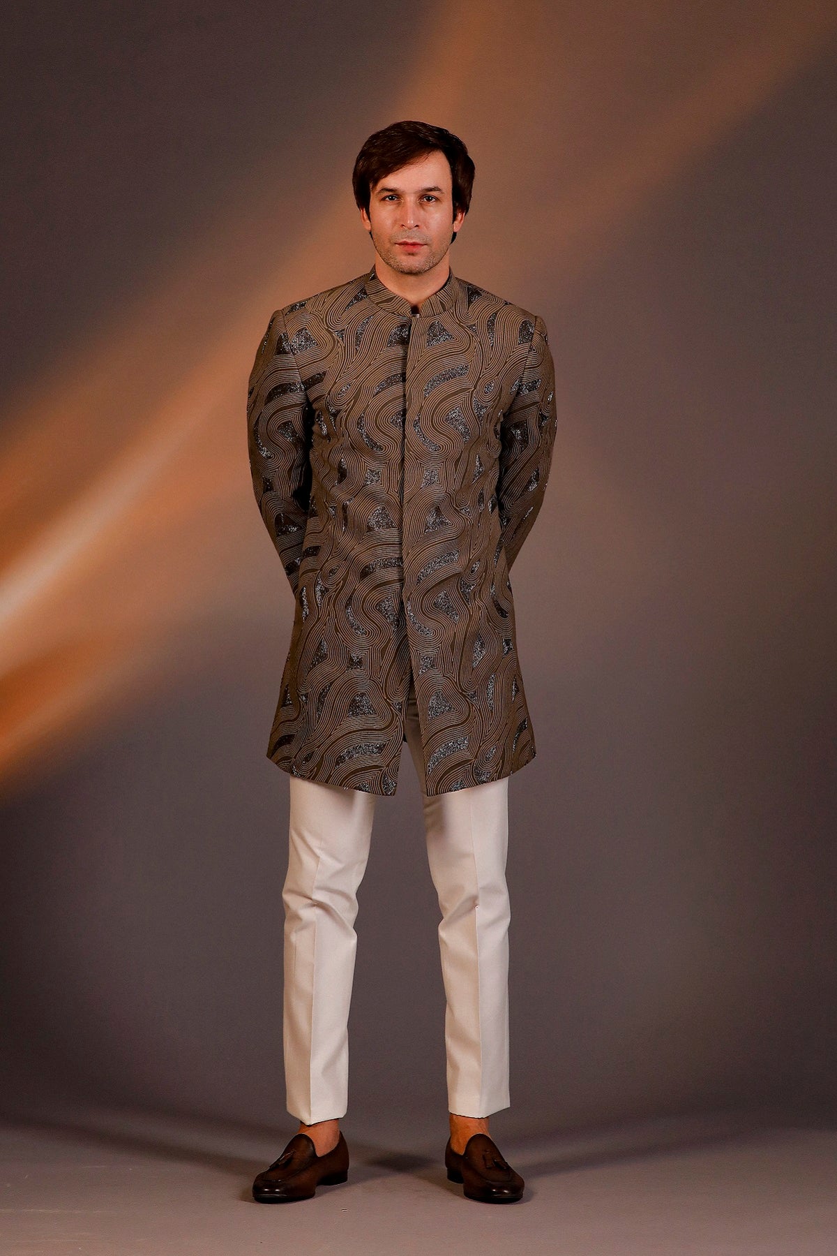 DARK BROWN THREAD WORK WITH GLASS CUT INDO WESTERN SET