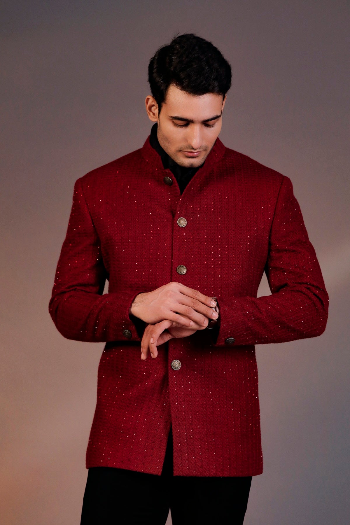 MAROON BANDHGALA WITH BLACK SHIRT