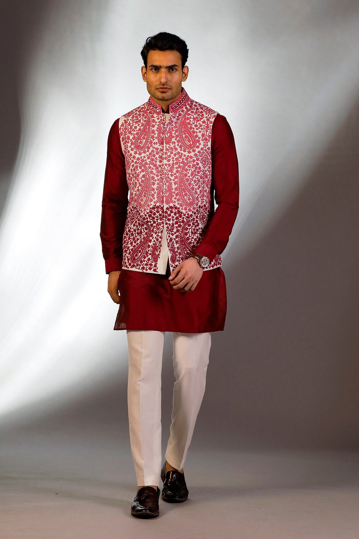 HAND EMBRIOERED NEHRU JACKET MAROON KURTA SET