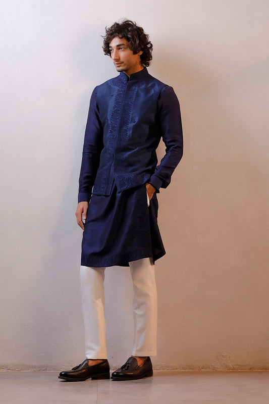 BLUE HAND EMBROIDERED JACKET KURTA SET