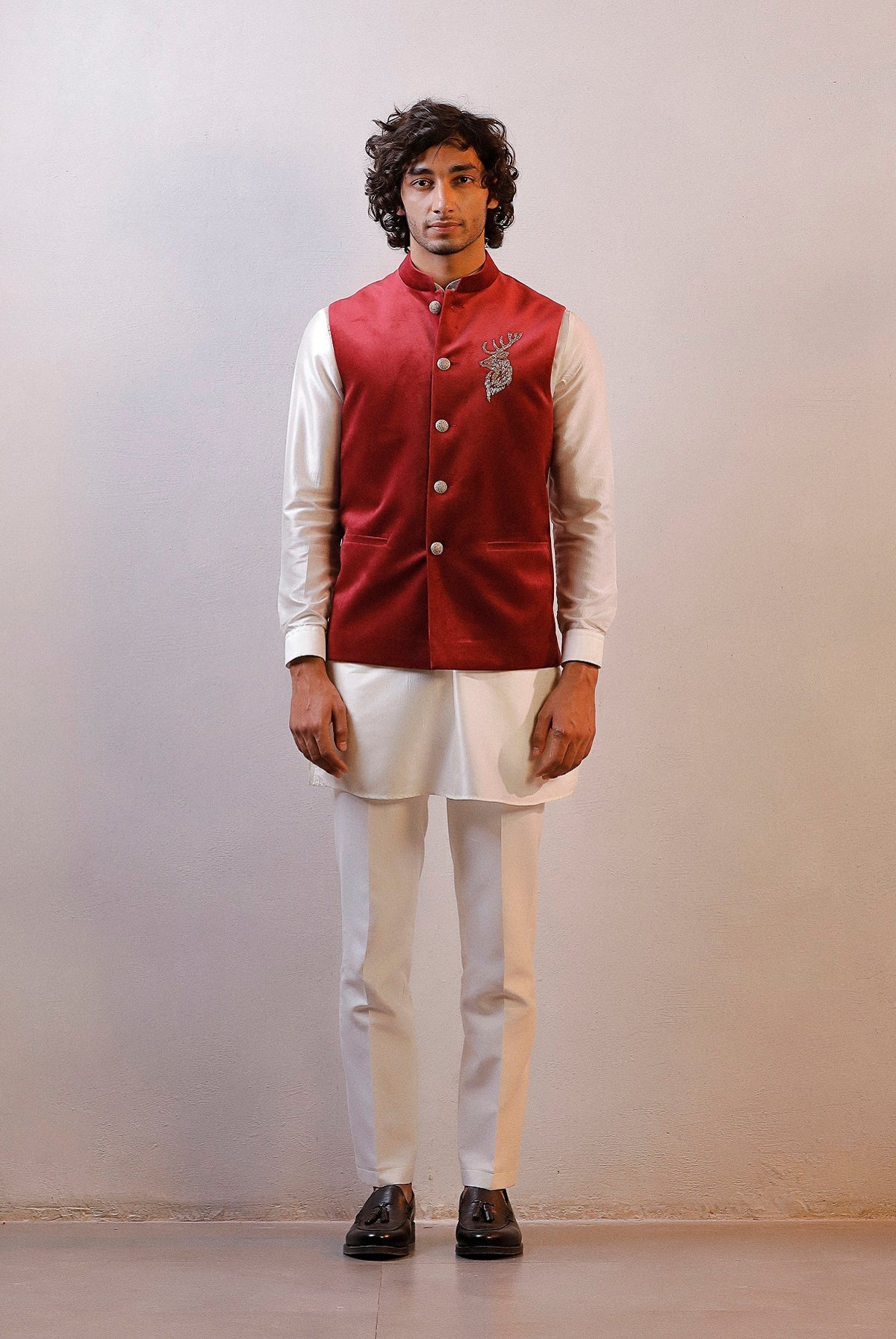 MAROON VELVET JACKET IVORY NEHRU SET