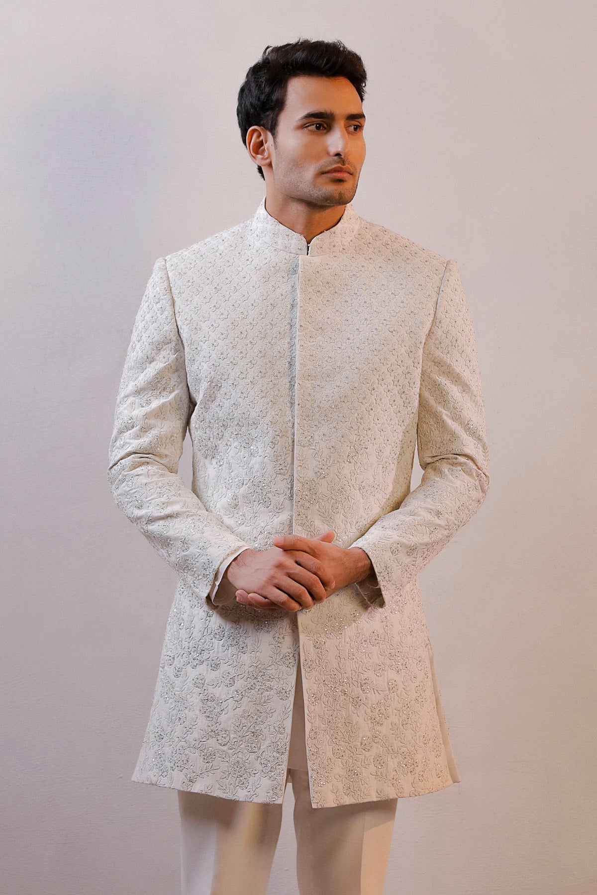 WHITE HAND EMBORIDERED SHERWANI SET
