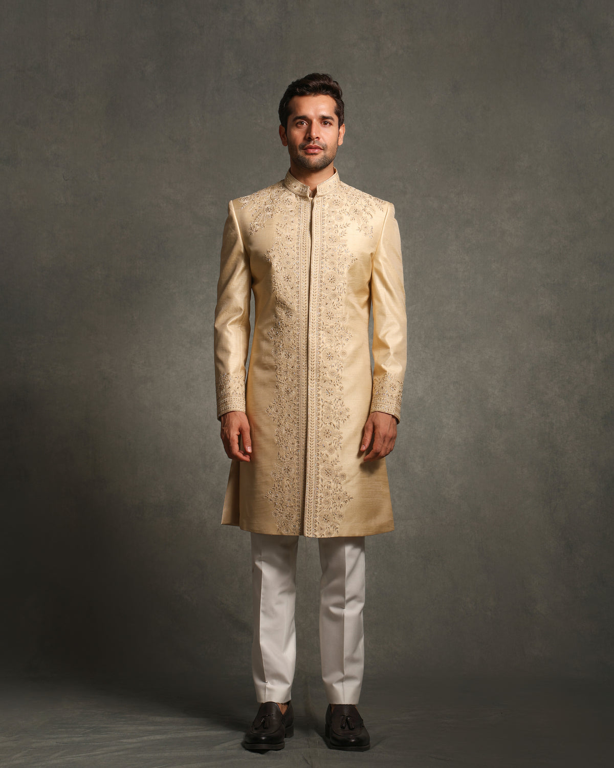 GOLDEN THREAD WITH GLASS CUT EMBROIDERY SHERWANI