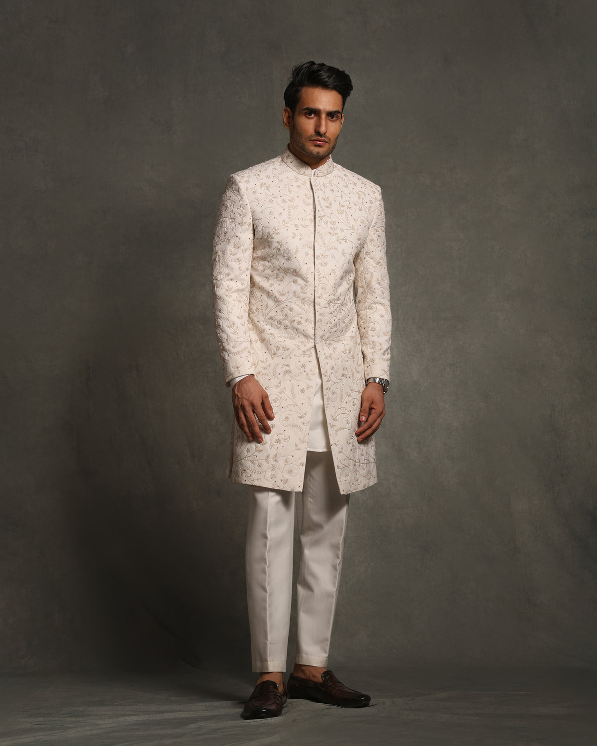 IVORY FULLY THREAD WITH BREAD EMBROIDERY SHERWANI