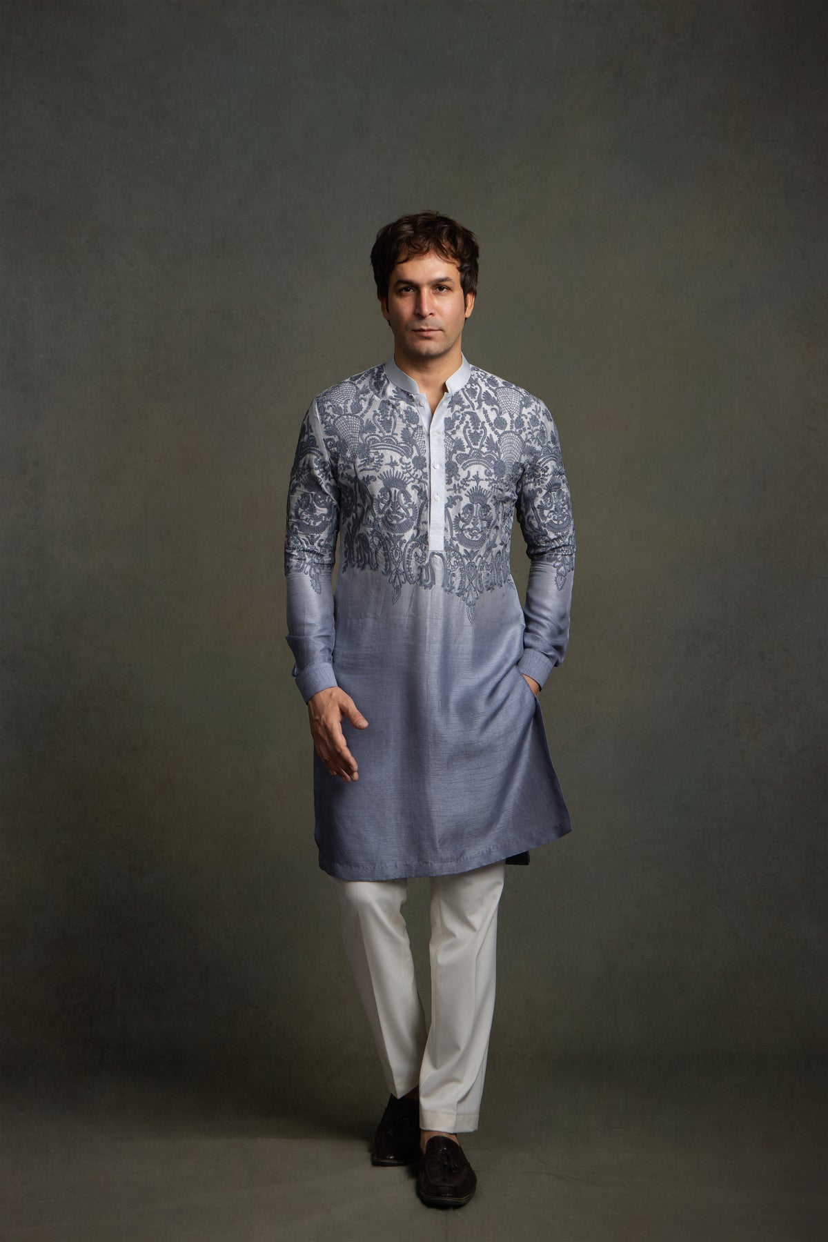 GREY OMBRE EMBROIDERY KURTA SET