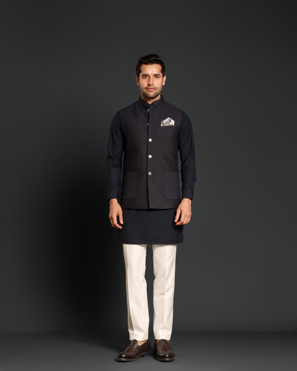 BLACK QUILTING NEHRU JACKET KURTA SET