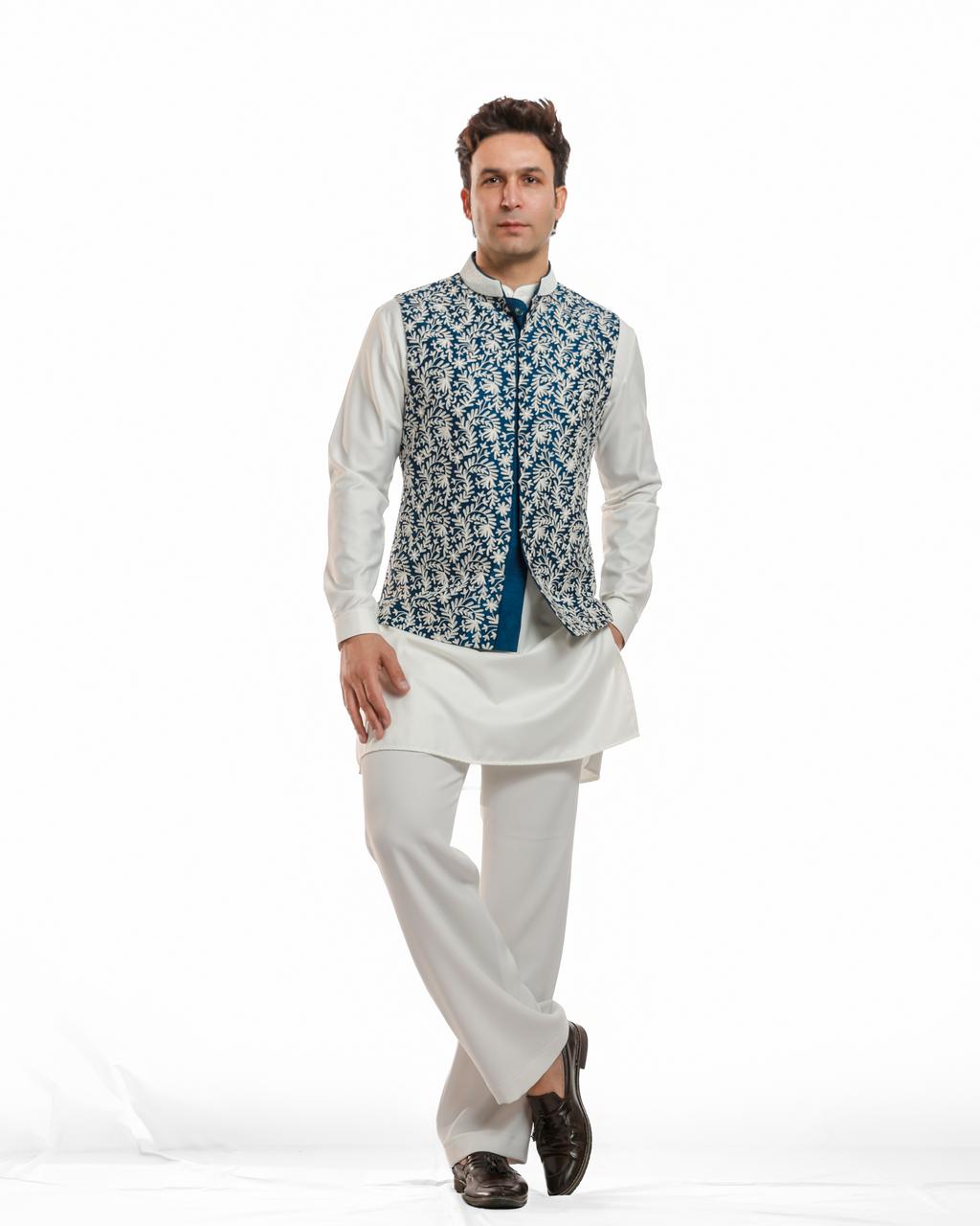 BLUE THREAD EMBROIDERY NEHRU JACKET KURTA SET