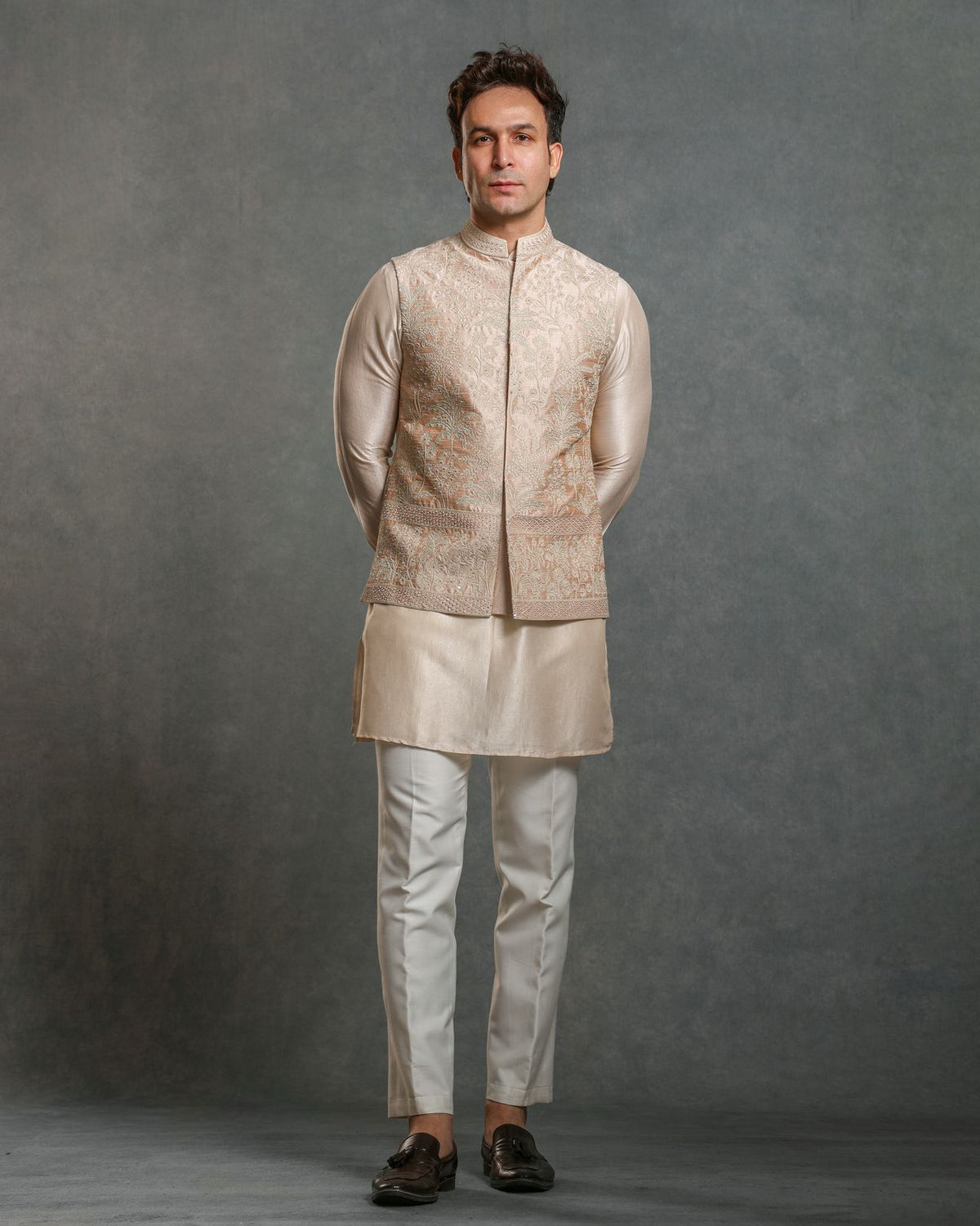 PEACH HAND EMBROIDERY NEHRU JACKET KURTA SET