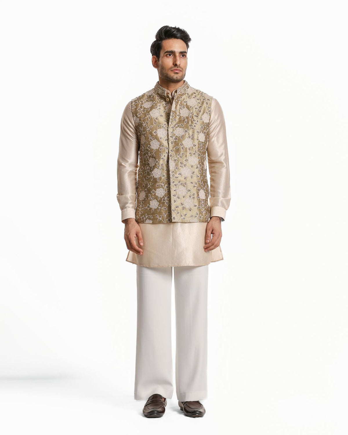 BEIGE GLASS CUT WITH THREAD EMBROIDERY NEHRU JACKET SET