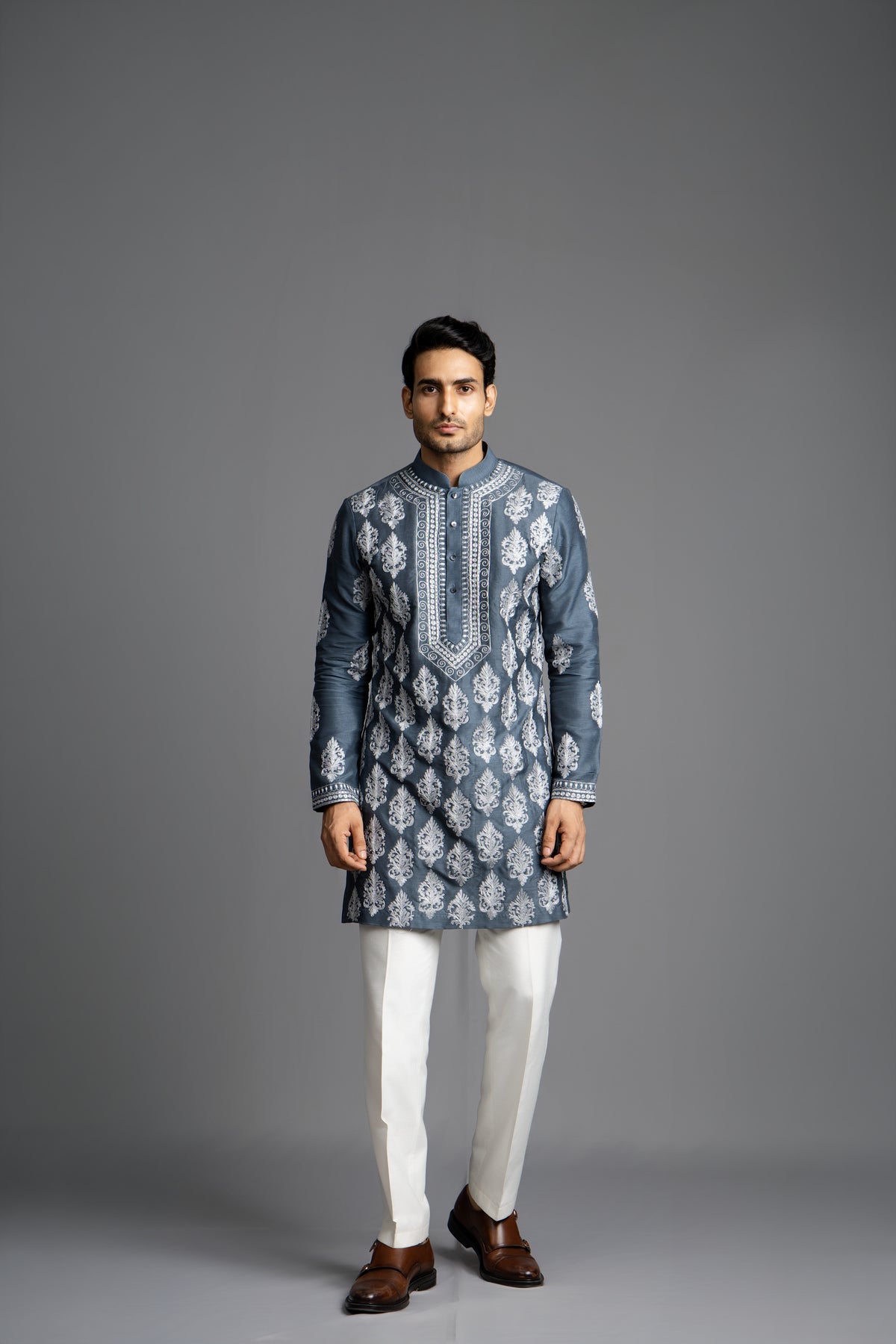 GREY SILVER EMBROIDERY KURTA SET