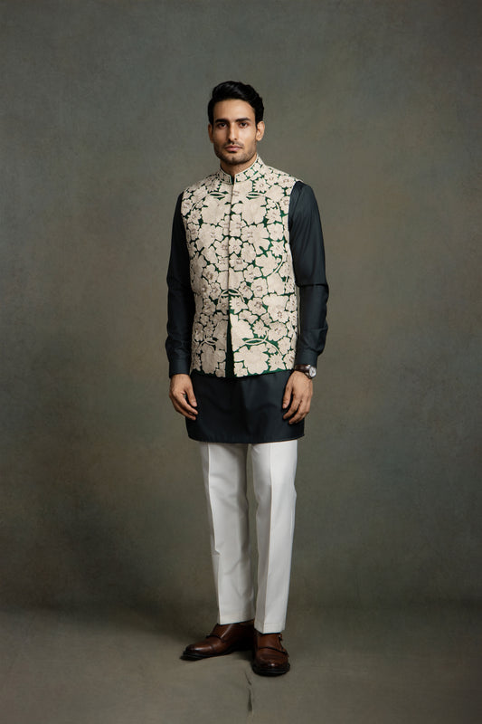 DARK GREEN DORI THREAD GLASS EMBROIDERY NEHRU JACKET SET