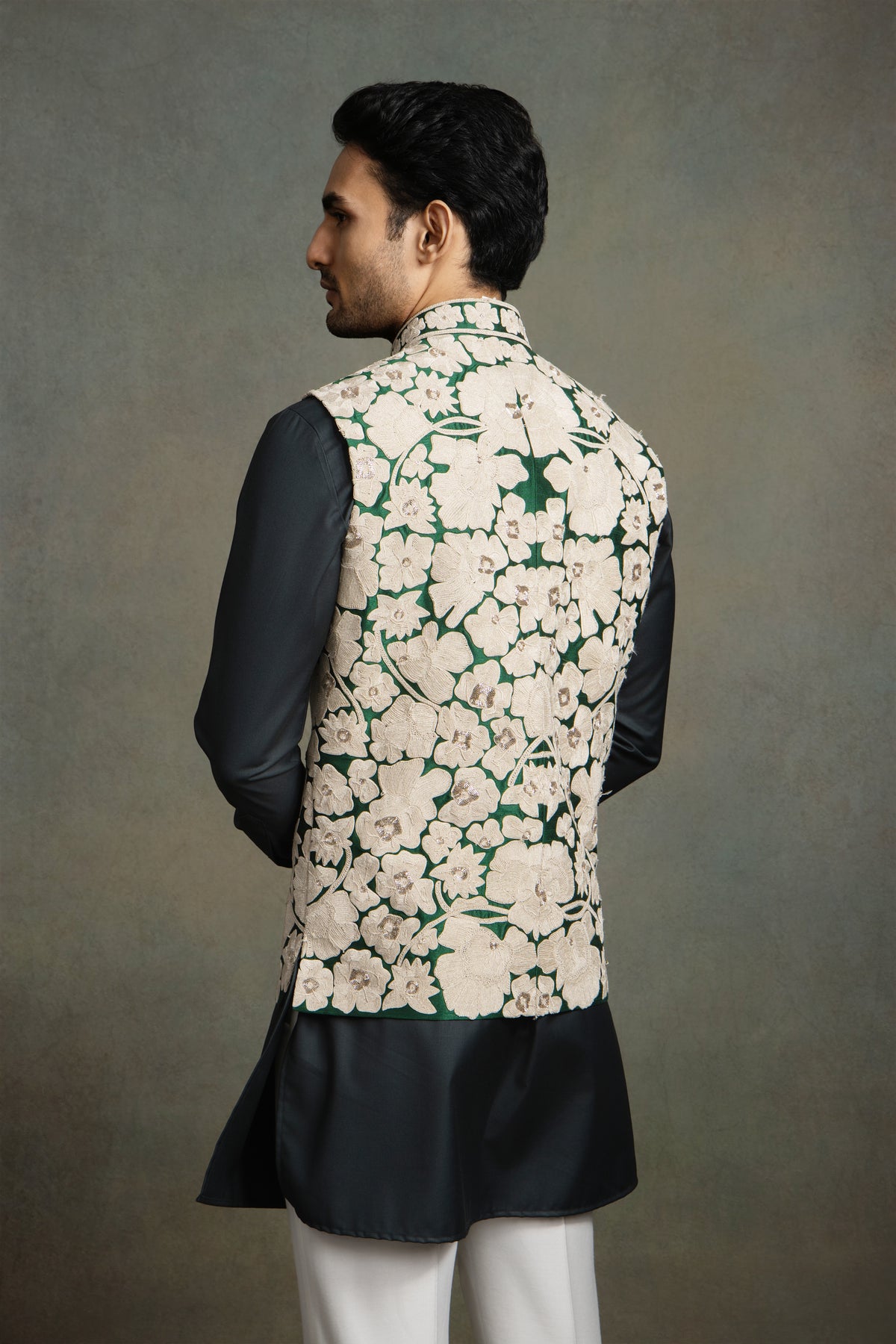DARK GREEN DORI THREAD GLASS EMBROIDERY NEHRU JACKET SET