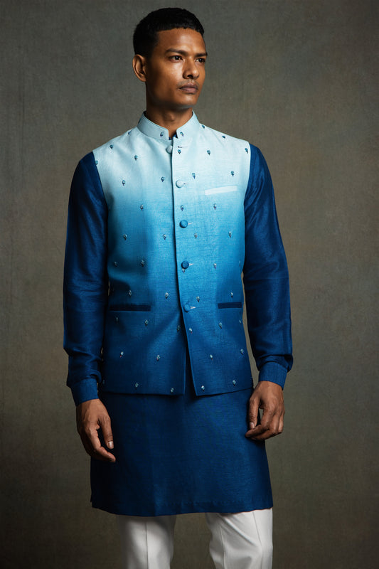 BLUE OMBER BEADS EMBROIDERY NEHRU JACKET SET