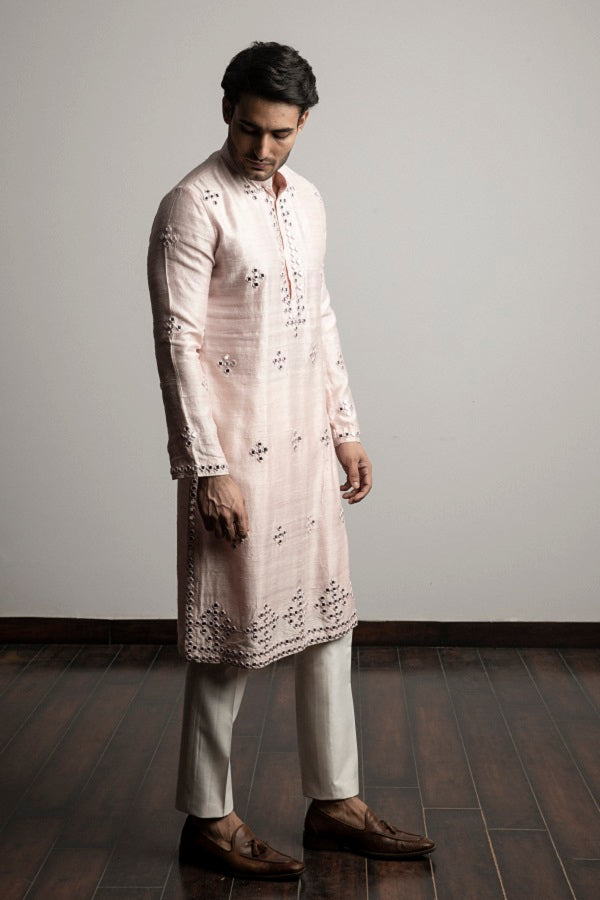 PINK SILK MIRROR WORK KURTA SET