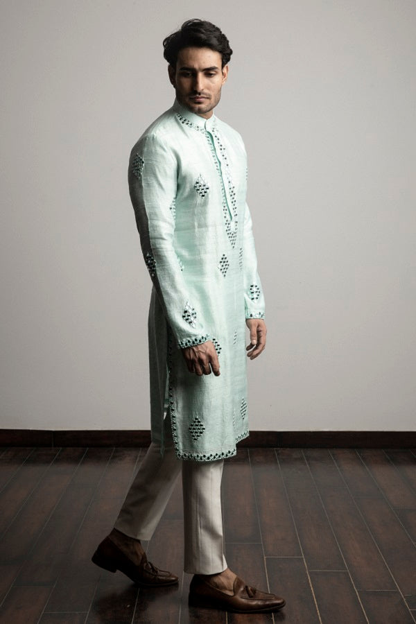 SEA GREEN MIRROR WORK KURTA SET