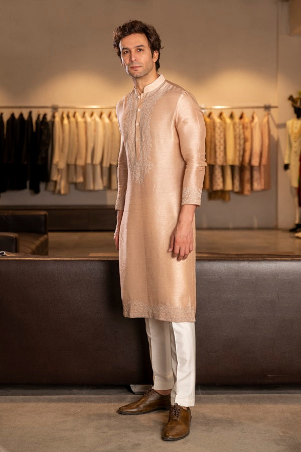 BEIGE SILK EMBROIDERY KURTA SET