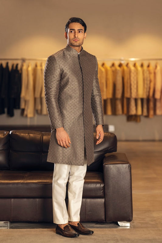 DARK GREY THREAD EMBROIDERY SILK INDOWESTERN SET