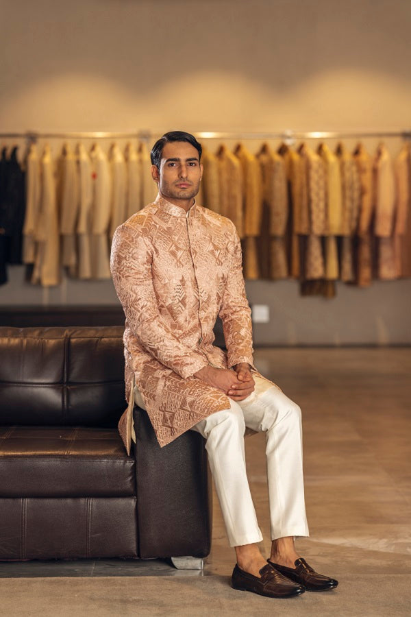 PEACH FULLY THREAD WITH SEQUNCE EMBROIDERY INDOWESTERN SET