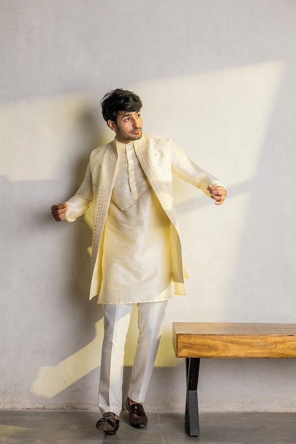 Lime yellow dori work long nehru jacket