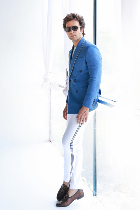 SAPPHIRE BLUE LINEN JACKET WITH PANTS