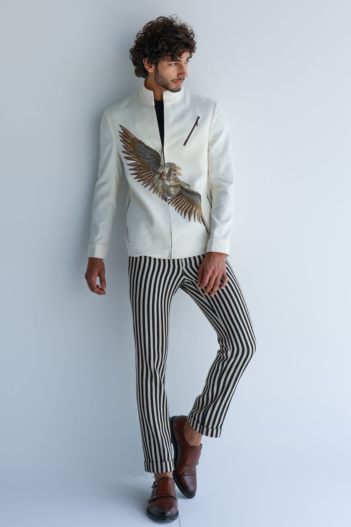 EAGLE HAND EMB. ZIPPER JACKET STRIPE PANTS