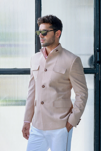 BEIGE SEAR SUCKER PATCH POCKET JACKET WITH PANT