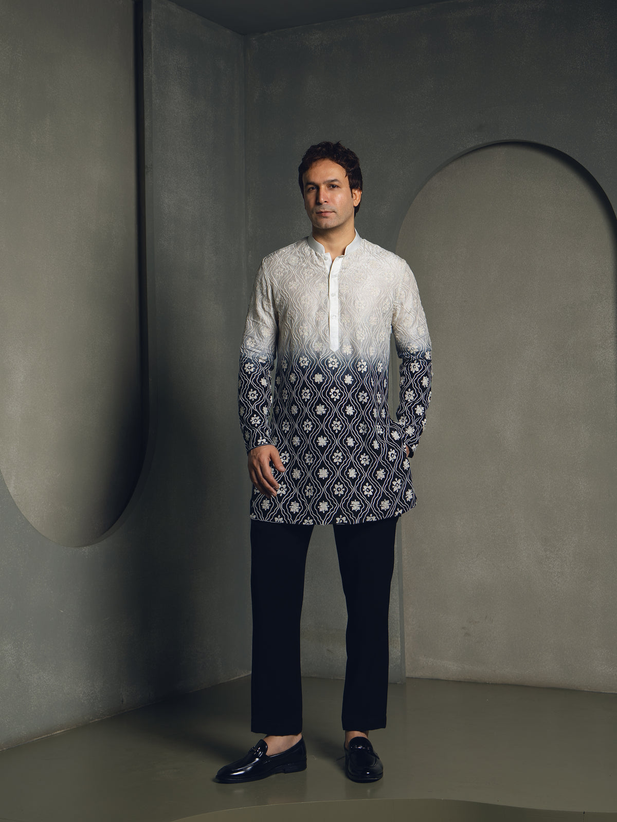 BLACK OMBRE SILK THREAD EMBROIDERY KURTA PANT SET