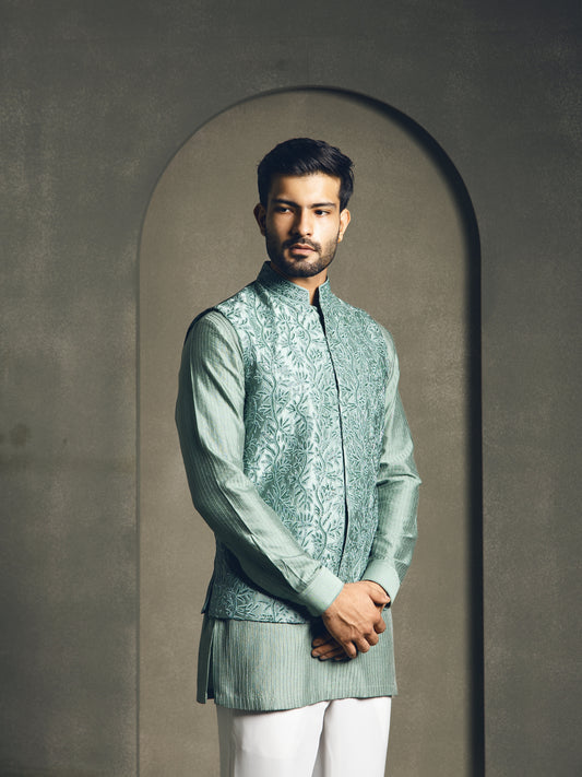 MINT GREEN HAND EMBROIDERY NEHRU JACKET SET