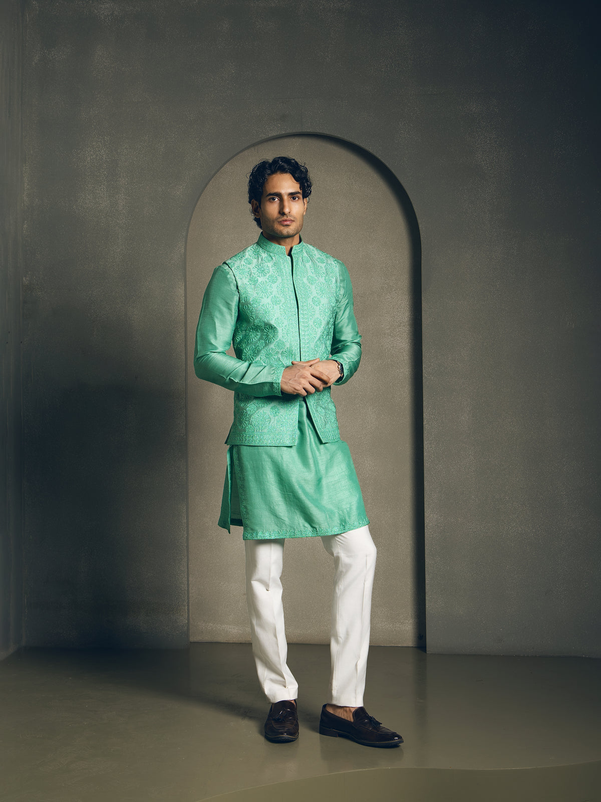 SEA GREEN FULLY EMBROIDERY NEHRU JACKET SET