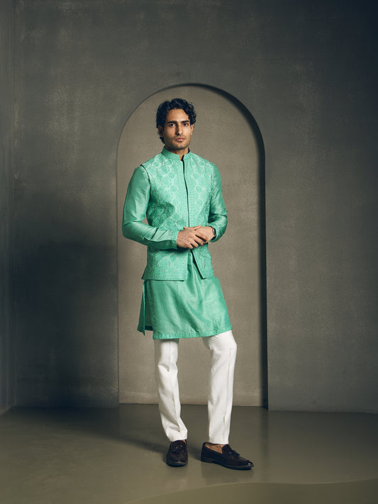 SEA GREEN FULLY EMBROIDERY NEHRU JACKET SET
