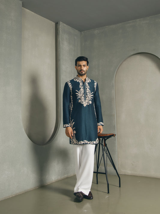 TEAL FLORAL SILK THREAD EMBROIDERY  KURTA PANT SET