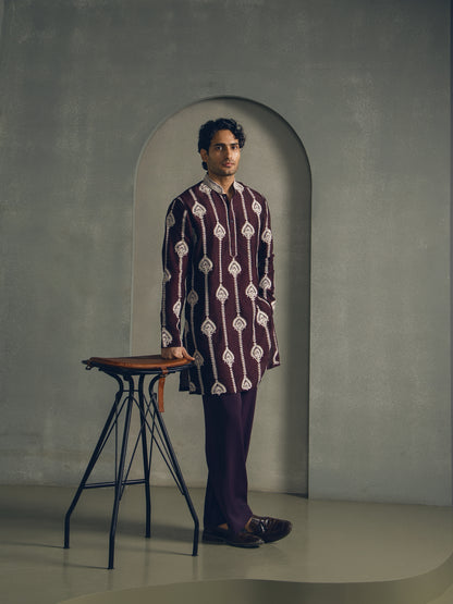 WINE DORI THREAD EMBROIDERY KURTA PANT SET