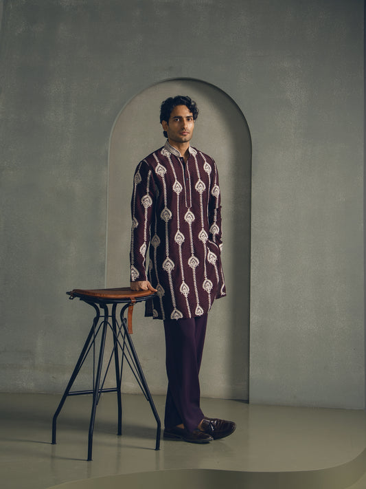 WINE DORI THREAD EMBROIDERY KURTA PANT SET