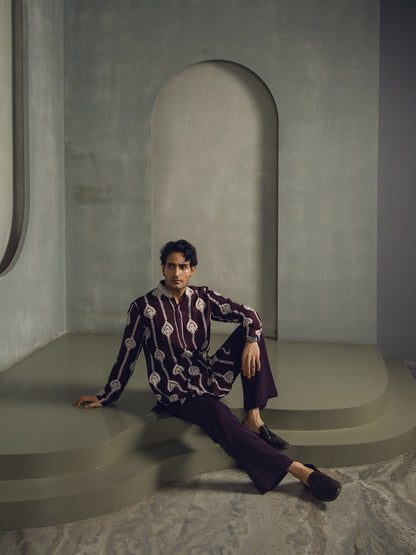 WINE DORI THREAD EMBROIDERY KURTA PANT SET