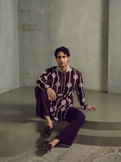 WINE DORI THREAD EMBROIDERY KURTA PANT SET