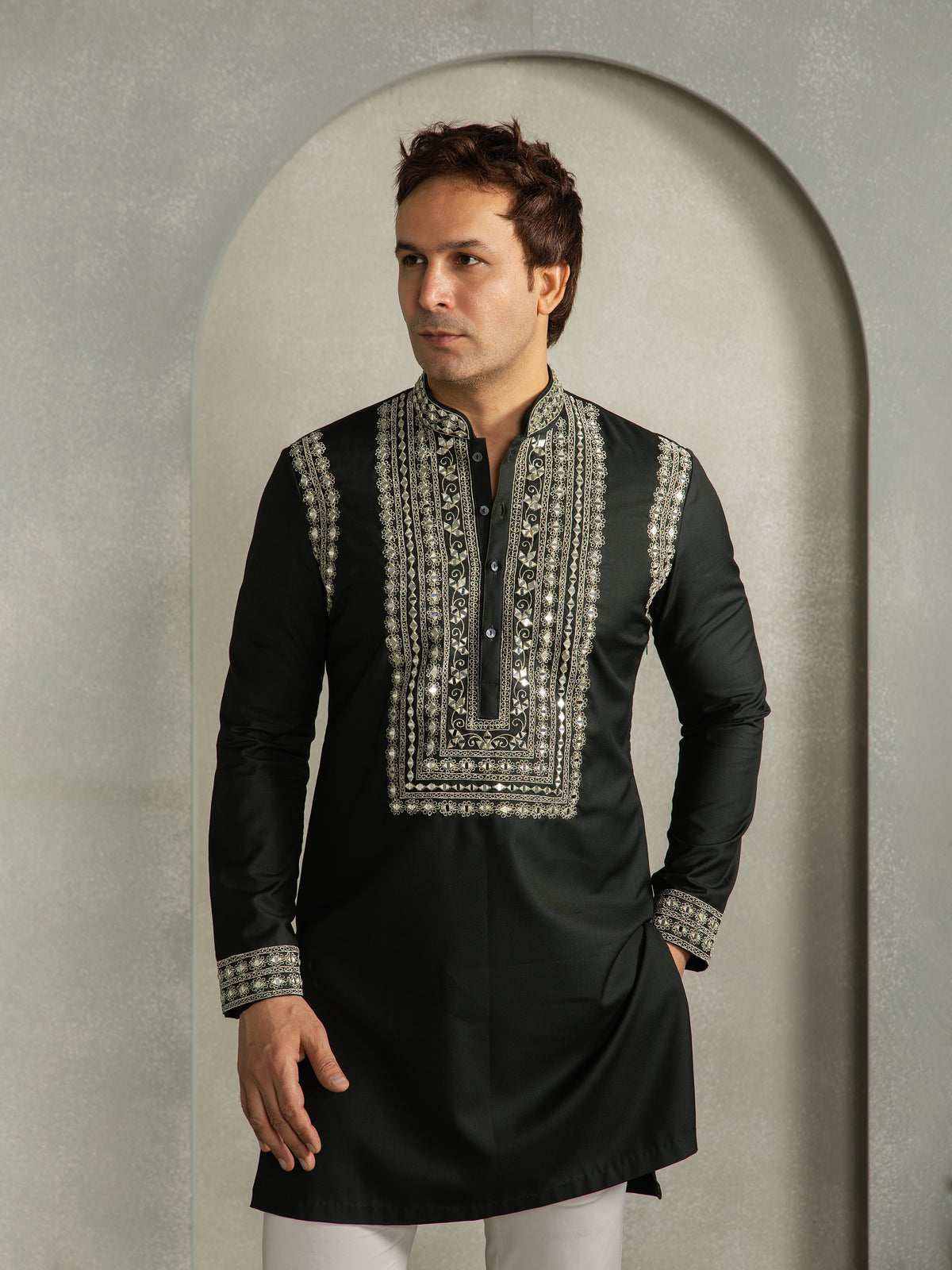 GOLDEN THREAD WITH MIRROR WORK KURTA PANT SET