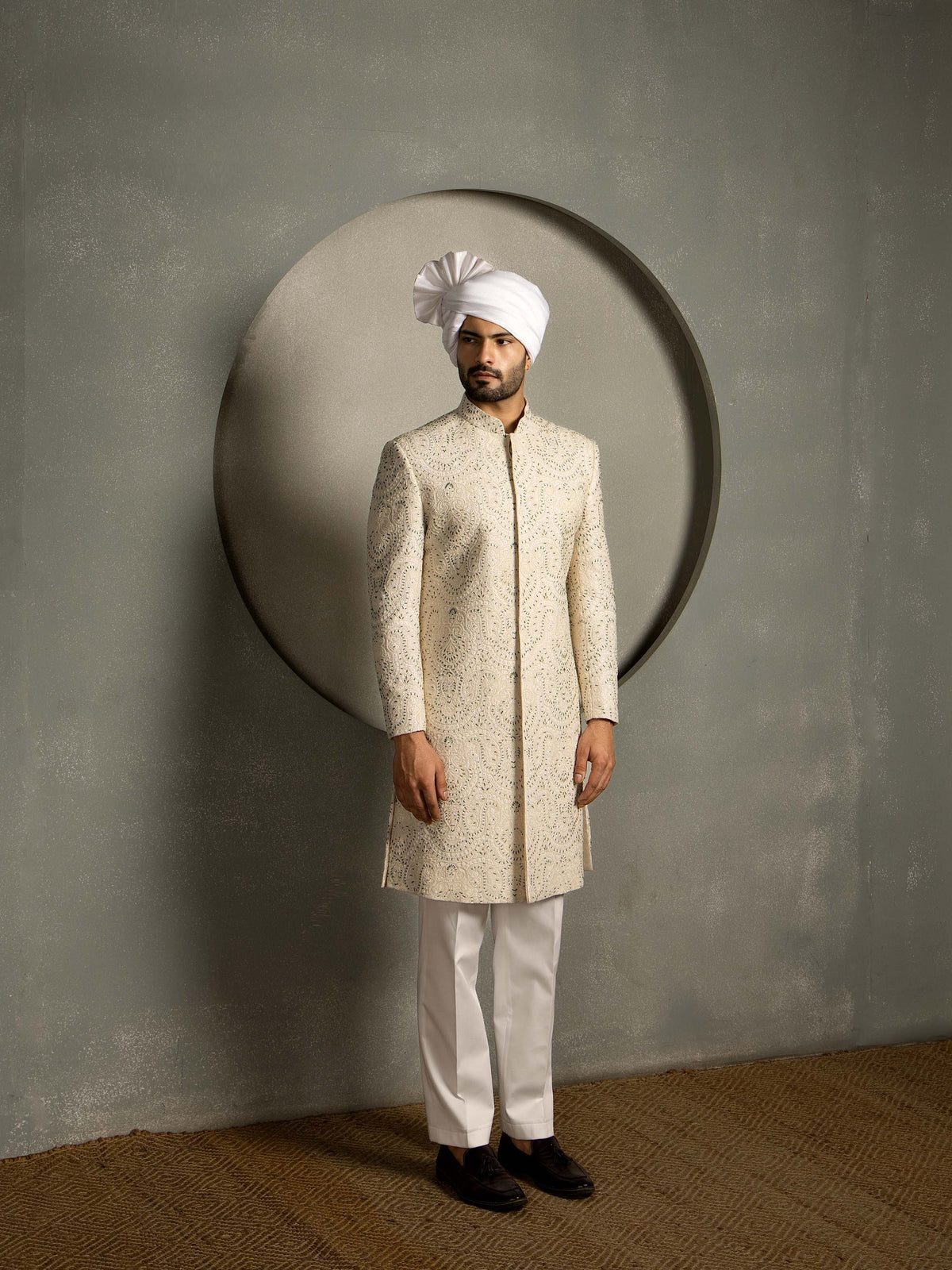 IVORY BEADS HAND EMBROIDERY SHERWANI SET