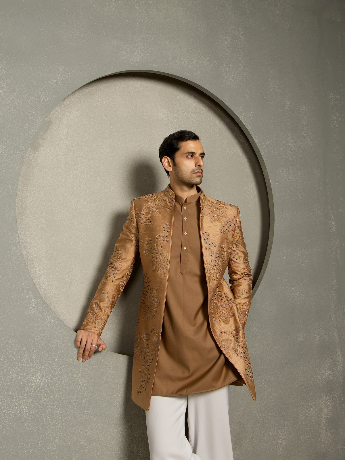 GOLDEN GLASS CUT WITH EMBROIDERY INDO WESTERN SET