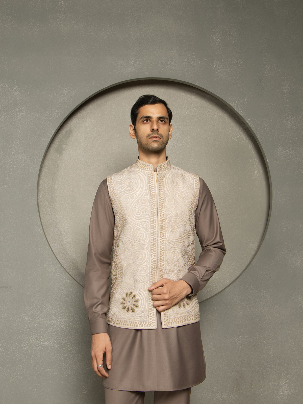 DORI BEIGE EMBROIDERY NEHRU JACKET SET