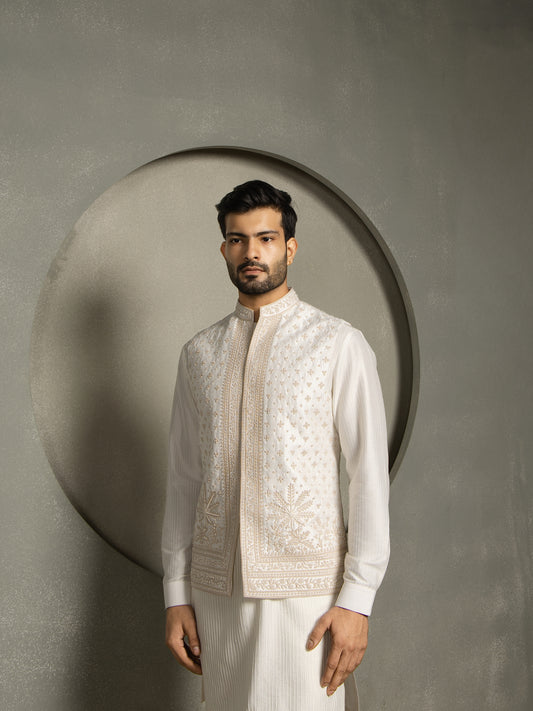 FLORAL IVORY EMBROIDERY NEHRU JACKET SET