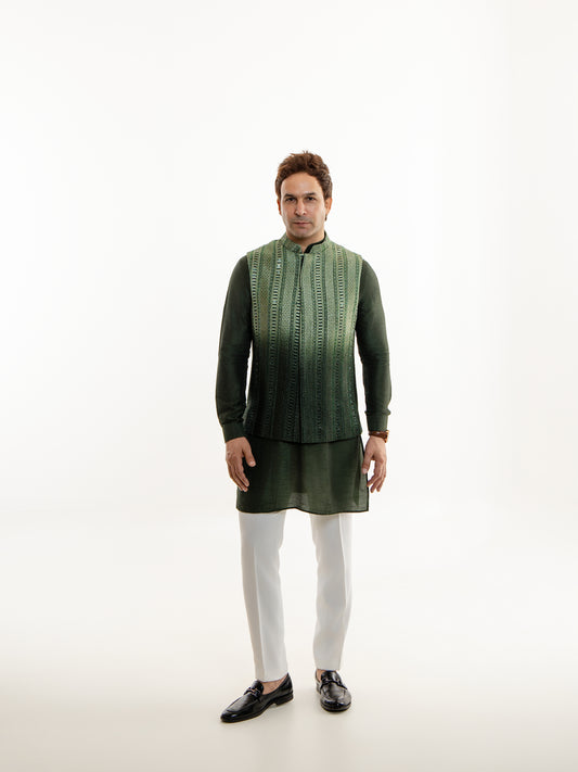 GREEN OMBRE GLASS CUT NEHRU JACKET SET