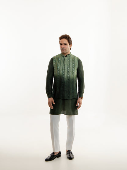 GREEN OMBRE GLASS CUT NEHRU JACKET SET