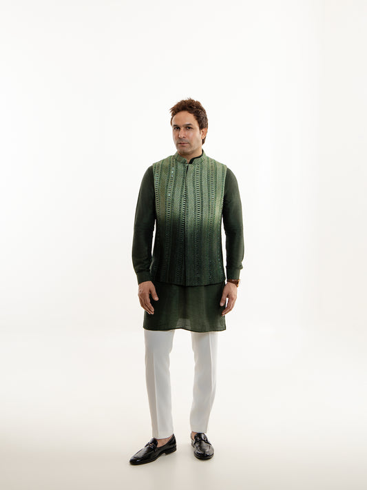 GREEN OMBRE GLASS CUT NEHRU JACKET SET